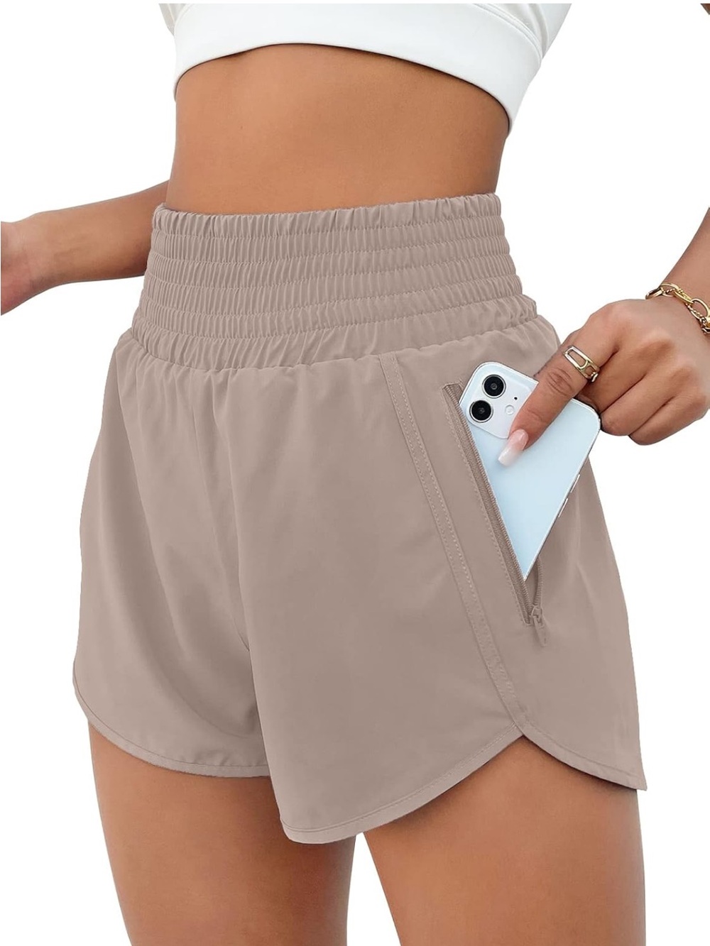 High-Waist Smocked Pocket Womens Shorts - Taupe